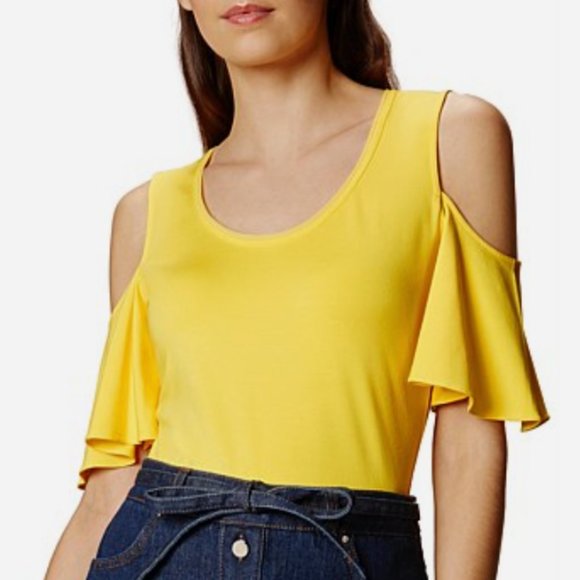 Karen Millen cold  shoulder, yellow ruffle sleeve shirt - US sz 6 - Picture 1 of 9